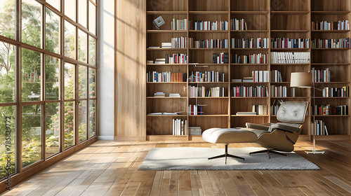 Interior of a large modern living room or home library with white and wooden walls  wooden floor  comfortable armchairs and bookshelves