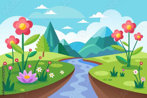 A charming cartoon road adorned with blooming flowers gracefully meanders across a pristine white background.