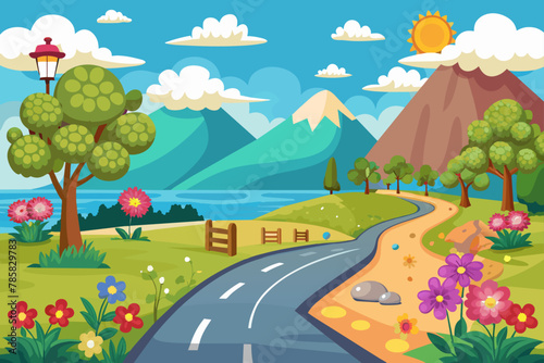 A charming cartoon road with vibrant flowers blooming on either side, set against a pristine white background.