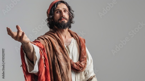 Jesus christ strecthing arm forward isolated over grey background. Welcoming you to follow the right path.