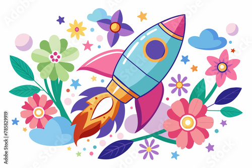 Rocket sky charming with flowers on a white background.