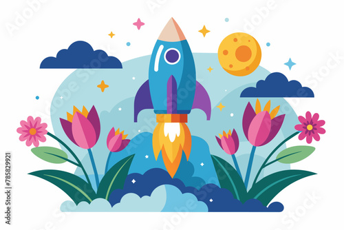 Charming rocket soaring through a sky adorned with vibrant flowers, captured on a pristine white background.