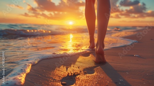 Close up of woman feets walking and making footprints alongside of seashore on the beach sand with beautiful sunset.