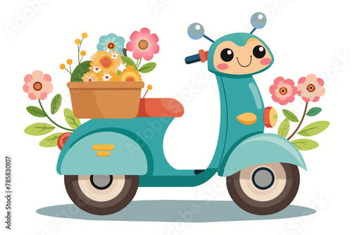 A charming cartoon scooter adorned with vibrant flowers on a pristine white background.