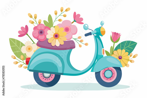 Charming cartoon scooter adorned with vibrant flowers against a white backdrop.