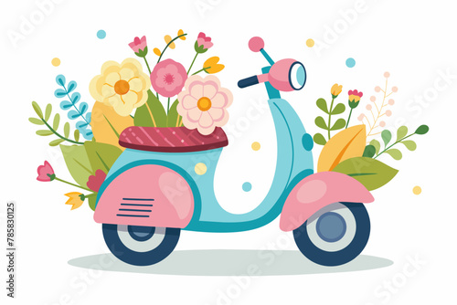 A charming scooter adorned with vibrant flowers stands out against a pristine white backdrop.