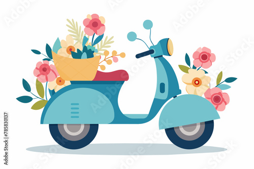 A charming cartoon scooter adorned with vibrant flowers stands out against a pristine white backdrop.