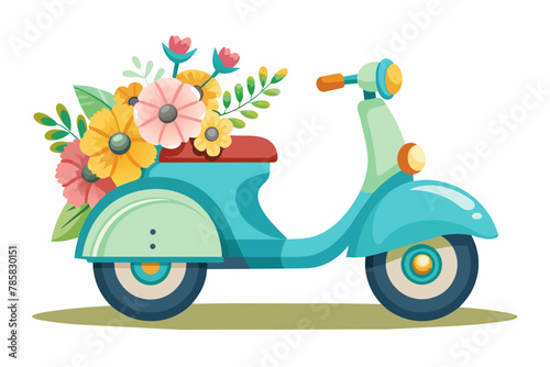 Charming scooter cartoon decorated with vibrant flowers against a pristine white background.