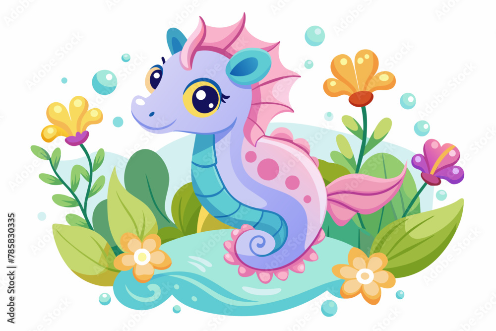 Fototapeta premium A charming cartoon seahorse adorned with vibrant flowers swims gracefully through the ocean.