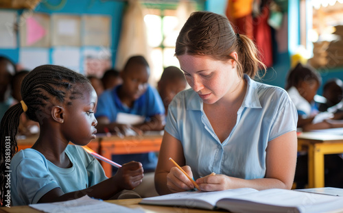 an adult female teacher helping a young girl with her homework in the classroom