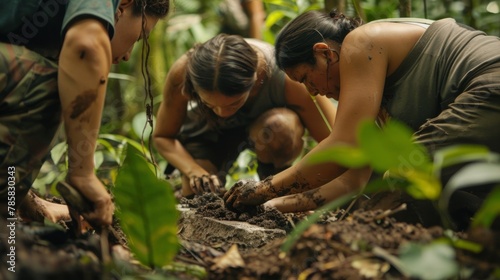 In the heart of an overgrown jungle a team of archaeologists carefully brush away debris from a newly discovered artifact. The backs . .