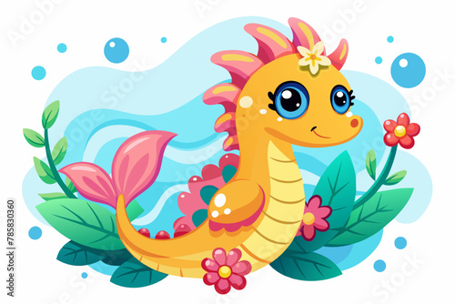 Charming cartoon seahorse adorned with vibrant flowers.