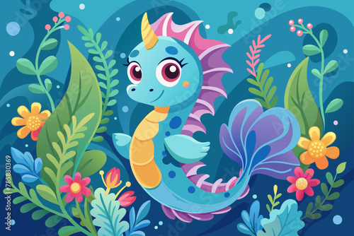 A charming cartoon seahorse adorned with vibrant flowers swims gracefully through the ocean.