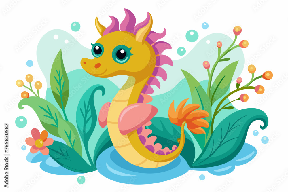 Charming sea horse cartoon with delicate flowers embellishments.