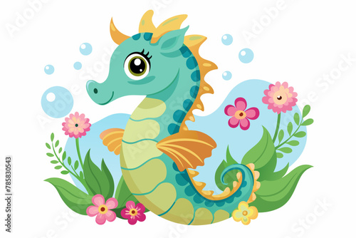 Charming seahorse cartoon with flowers adorns the image.