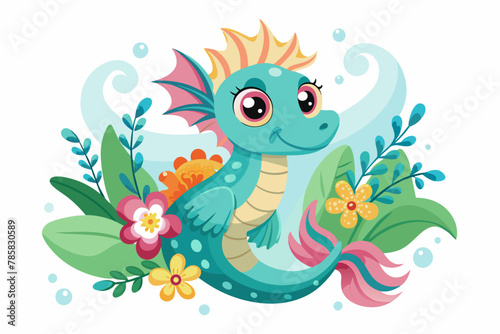 Enchanting cartoon seahorse adorned with vibrant flowers swims gracefully.