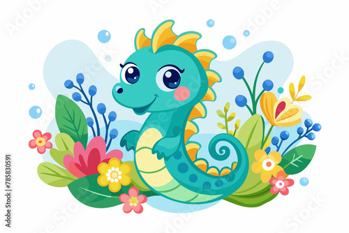 A charming cartoon seahorse adorned with vibrant flowers swims gracefully through the ocean depths.