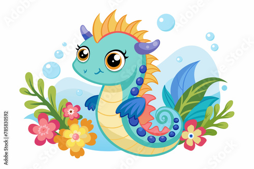 A charming cartoon seahorse adorned with vibrant flowers swims gracefully through the ocean s depths.