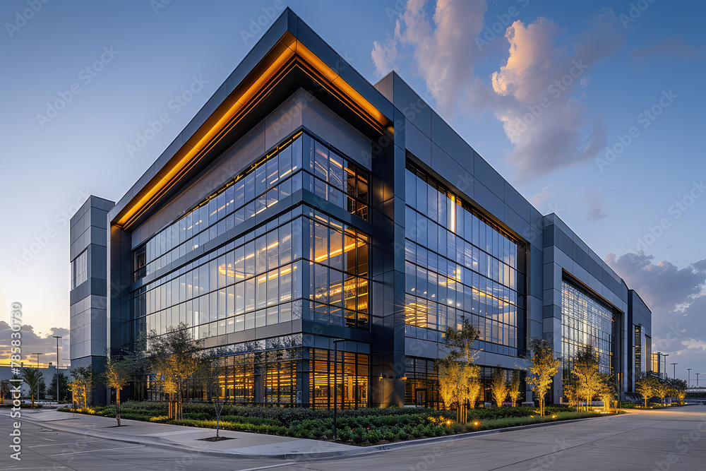 A modern, sleek office building with large windows and glass facades stands on the edge of an industrial park at dusk. Created with Ai