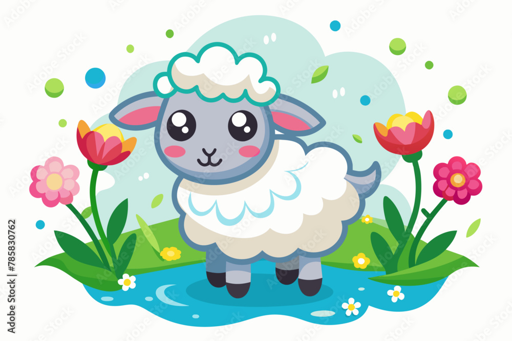 Charming cartoon sheep adorned with colorful flowers frolics in a field.
