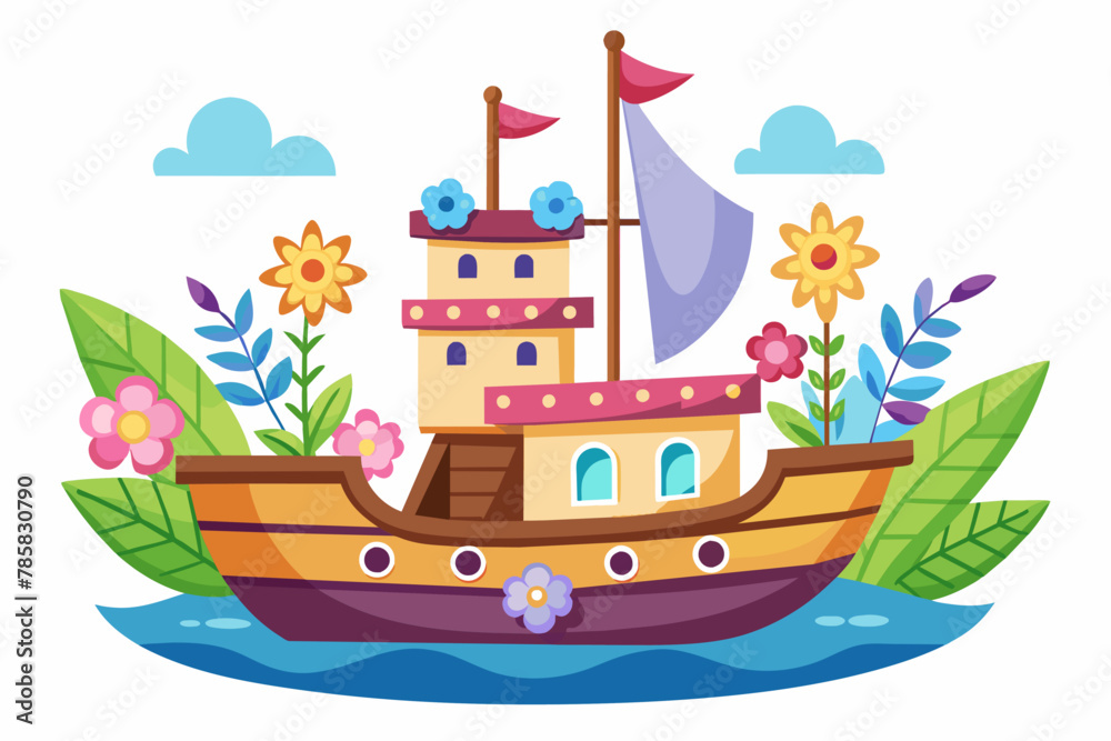 Charming cartoon ship with flowers on a white background.