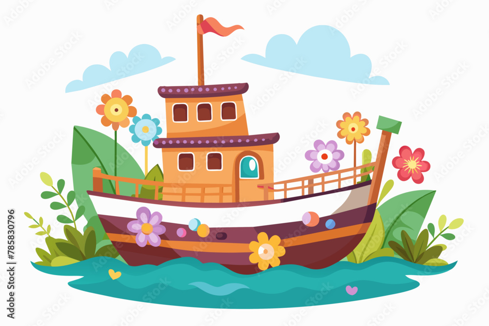 A charming ship cartoon with flowers adorns a white background.