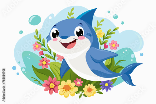 A charming shark cartoon animal adorns itself with vibrant flowers.