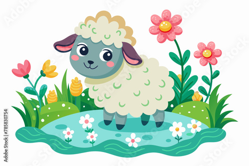 Charming cartoon sheep adorned with colorful flowers frolics in a field.