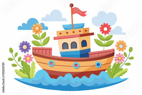A charming ship cartoon holding a bouquet of flowers on a white background.