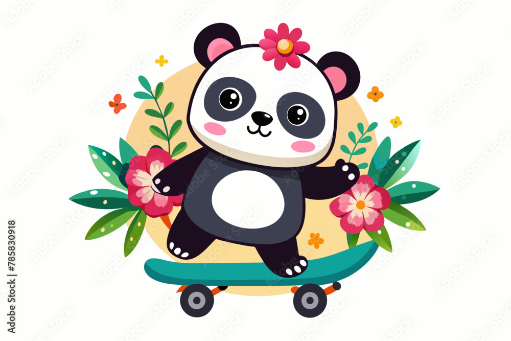 Naklejka premium A charming cartoon panda is skateboarding down a road adorned with flowers.