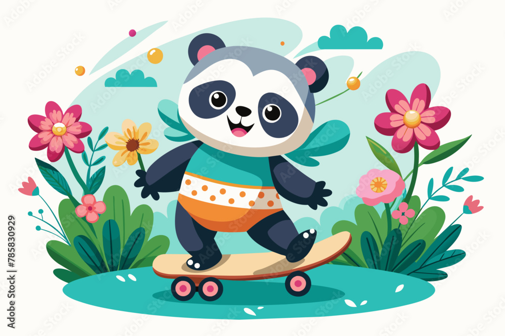 A charming cartoon panda rides a skateboard down a flower-lined road.