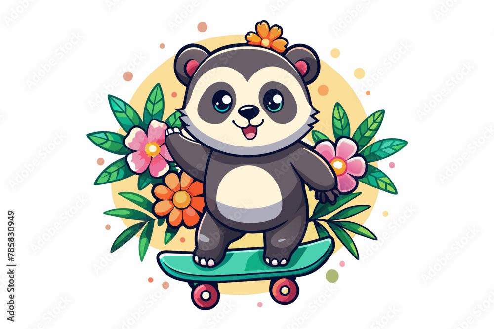 Charming cartoon panda on a skateboard, adorned with flowers, rolls down a colorful road. Charming cartoon panda on a skateboard, adorned with flowers, rolls down a colorful road.