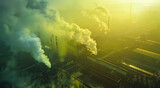 A wide shot of air pollution, with industrial chimneys emitting smoke and fog into the sky, creating an atmosphere filled with dirty yellowish green light.