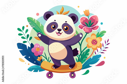 A charming cartoon panda rides a skateboard on a road adorned with flowers.