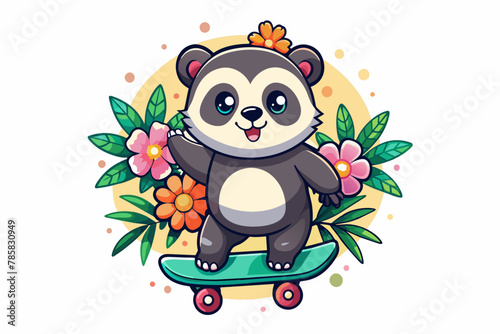 Charming cartoon panda on a skateboard  adorned with flowers  rolls down a colorful road.