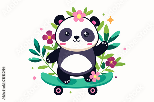 Charming panda bear skateboarding down a road with a flower in its hand.