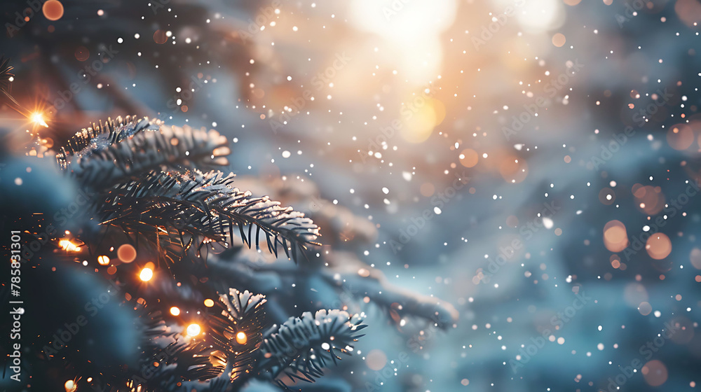 A winter Christmas background sets the stage with gently falling snow and a beautiful blurred bokeh effect, creating a magical and festive atmosphere. - obrazy, fototapety, plakaty 