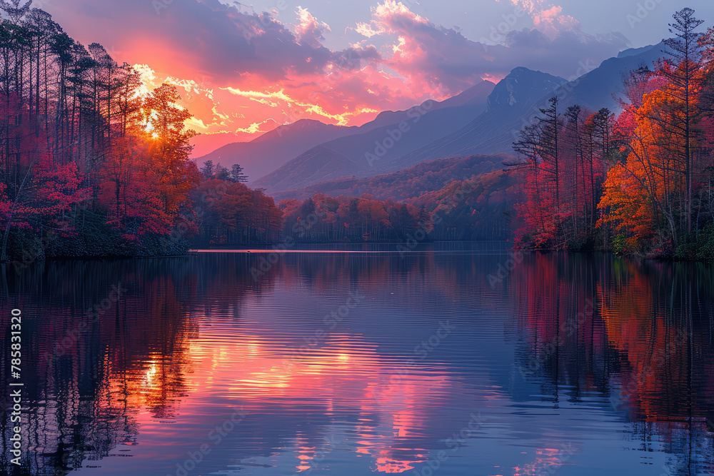 A serene lake reflecting the colors of an autumn sunset, surrounded by lush forests and mountains in full bloom. Created with Ai