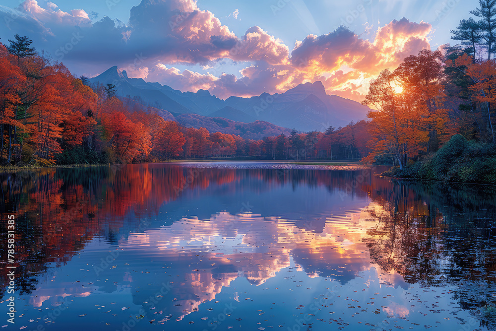  A serene lake reflecting the colorful autumn foliage and mountains in the Japanese countryside, at sunset. Created with Ai