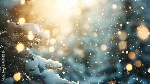 A winter Christmas background sets the stage with gently falling snow and a beautiful blurred bokeh effect, creating a magical and festive atmosphere. © YOGI C