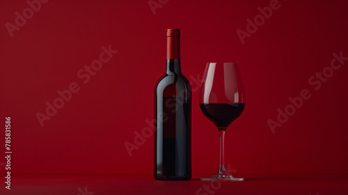 On a vivid red background a beautiful bottle of a wine