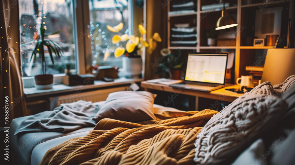 Laptop on a bed in a cozy room in the evening. Work from home