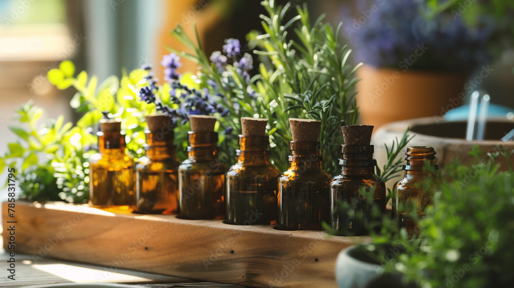 Bottles with aromatic oil and lavender flowers on table in kitchen Bottles with aromatic oil and lavender flowers on table in kitchen
