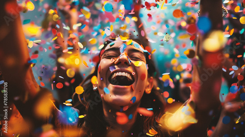 Portrait of happy woman with confetti in the air at party