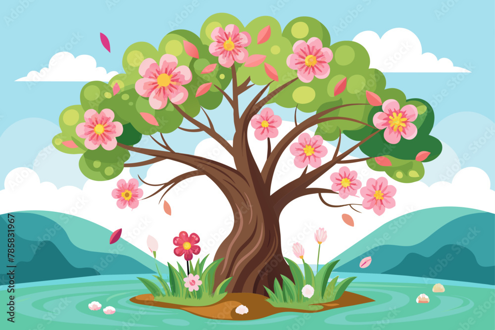 Fototapeta premium Charming trees with colorful flowers bloom beautifully against a crisp white background.