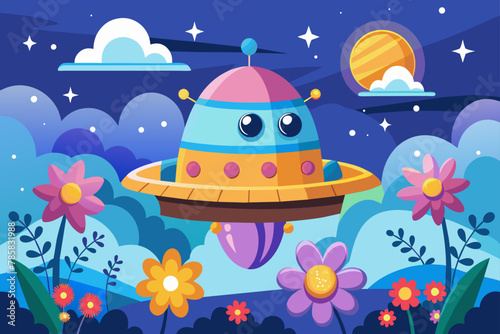 A charming cartoon spaceship adorned with flowers soars through a celestial sky.