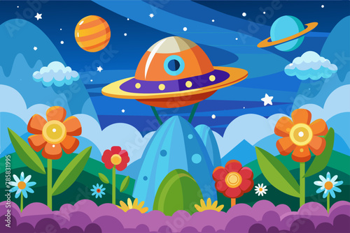 A charming spaceship soars through a clear sky, adorned with vibrant flowers.