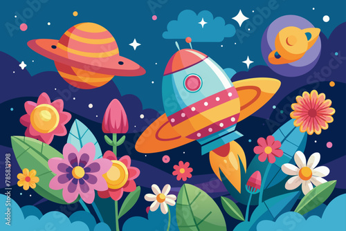 A charming spaceship soars through a blue sky adorned with vibrant flowers.