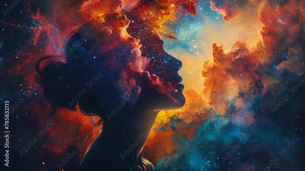 A colorful space scene with a person's face in the middle A colorful space scene with a person's face in the middle