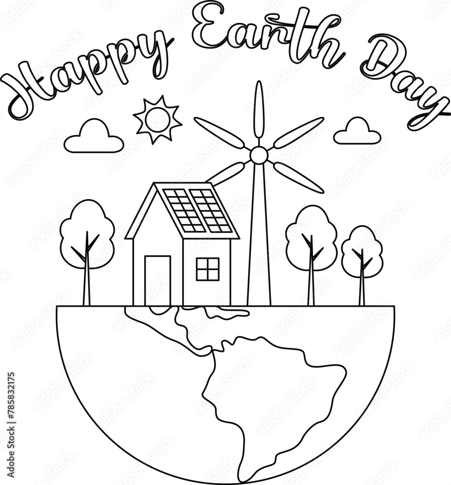Cute earth day coloring page. Eco house, wind turbines, solar panels. Environment friendly home line concept with trees. - obrazy, fototapety, plakaty 
